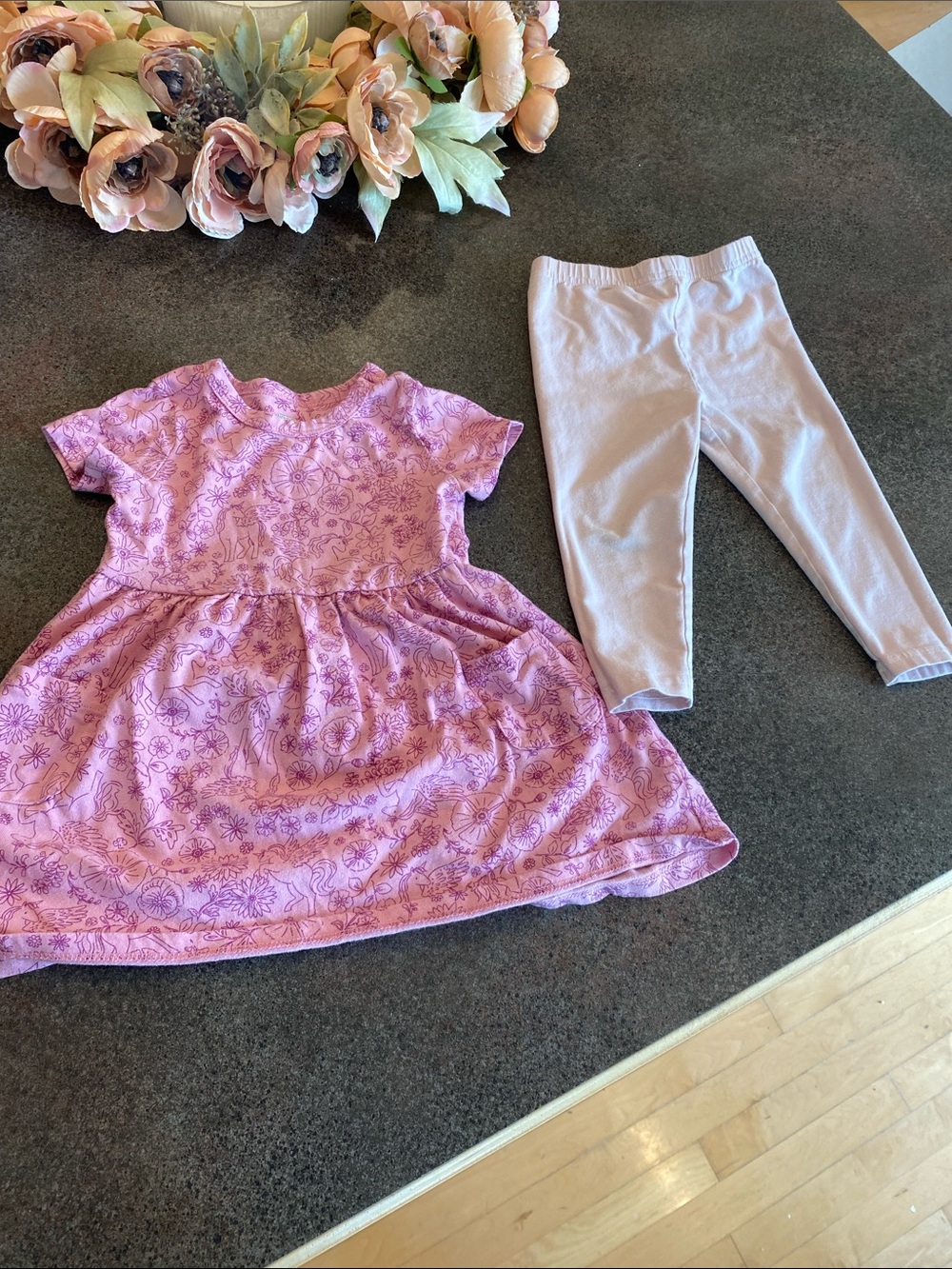 Girls' Pink Floral Short-Sleeve Dress with Light Pink Leggings